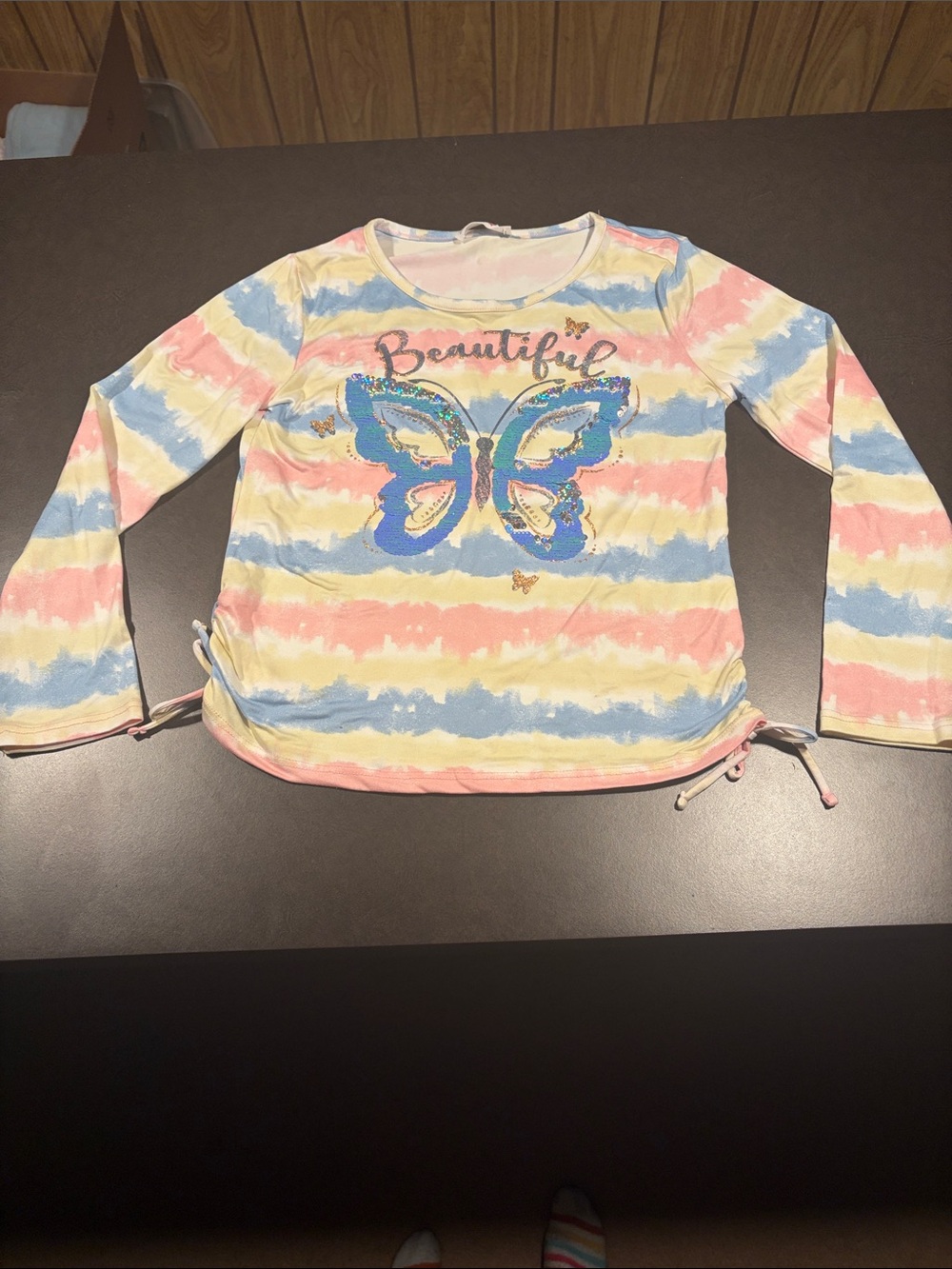 Beautees Pastel Tie-Dye Butterfly Long Sleeve Top - Pink, Blue, Yellow